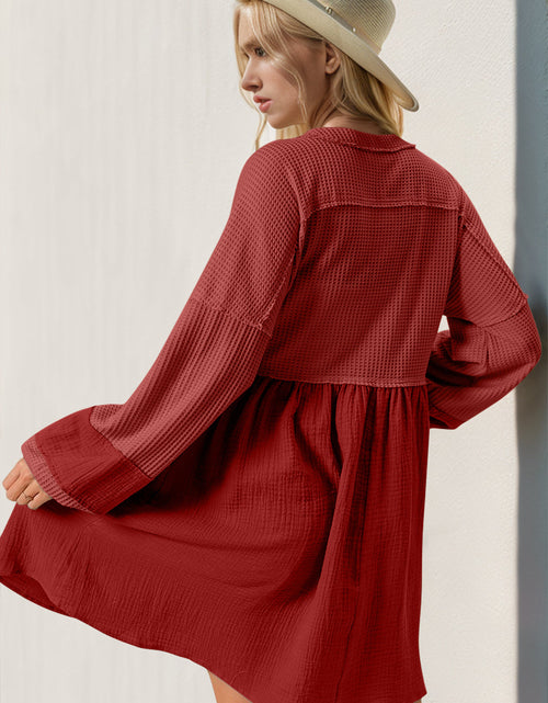 Load image into Gallery viewer, Double Take Waffle-Knit Contrast Half Button V-Neck Long Sleeve Mini Dress
