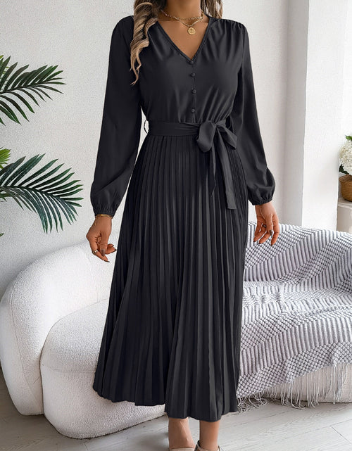 Load image into Gallery viewer, Pleated Tied V-Neck Long Sleeve Dress

