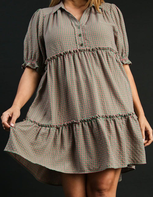 Load image into Gallery viewer, Umgee Full Size Plaid Frill Button Detail Ruffled Short Sleeve Dress Plus Size

