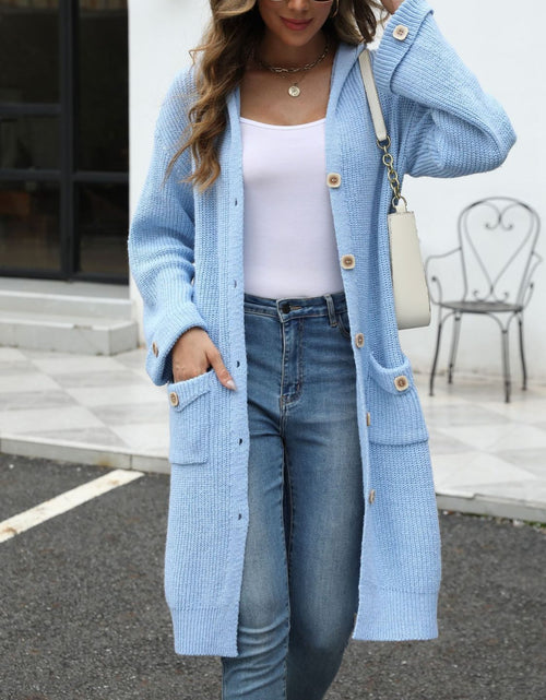 Load image into Gallery viewer, Pocketed Button Up Long Sleeve Hooded Cardigan
