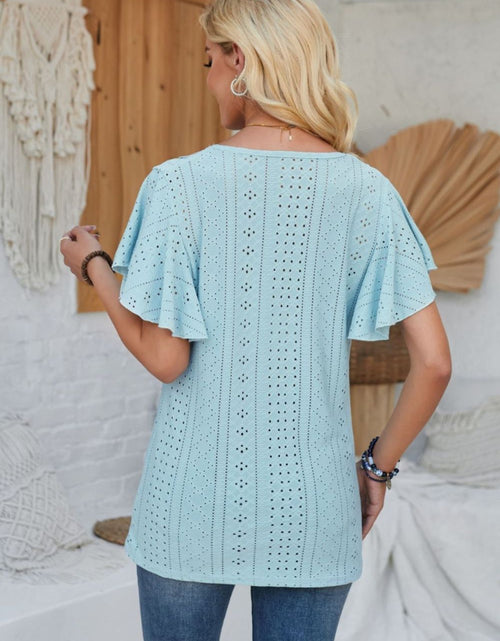 Load image into Gallery viewer, Eyelet Applique V-Neck Cap Sleeve T-Shirt

