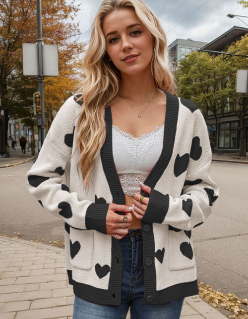 Load image into Gallery viewer, Heart Button Up Dropped Shoulder Long Sleeve Cardigan
