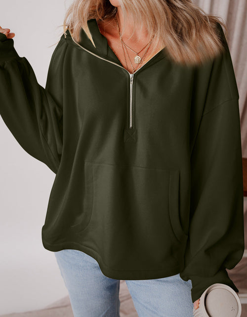 Load image into Gallery viewer, Pocketed Half Zip Dropped Shoulder Hoodie
