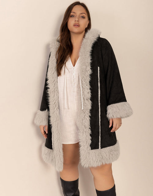 Load image into Gallery viewer, Plus Size Fuzzy Trim Open Front Long Sleeve Hooded Coat
