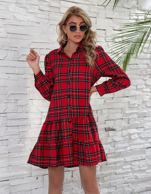 Load image into Gallery viewer, Ruffle Hem Plaid Button Down Long Sleeve Dress
