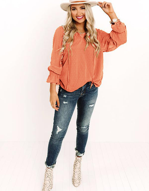 Load image into Gallery viewer, Swiss Dot Tie Neck Flounce Sleeve Blouse
