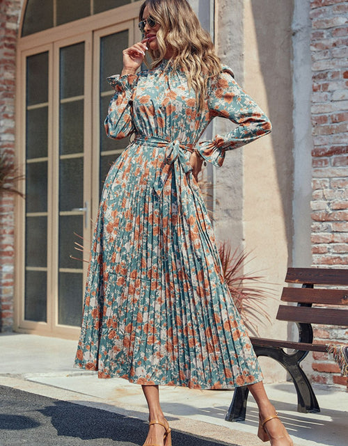 Load image into Gallery viewer, Perfee Tied Pleated Printed Mock Neck Long Sleeve Dress
