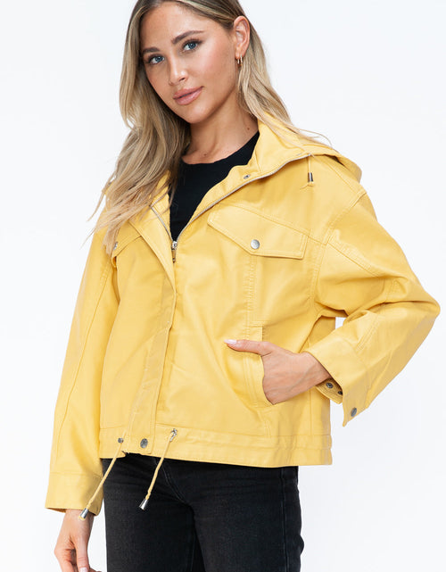 Load image into Gallery viewer, How Dare U Drawstring Hem PU Leather Zip Up Jacket
