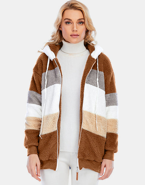 Load image into Gallery viewer, Full Size Drawstring Color Block Zip Up Hooded Outerwear
