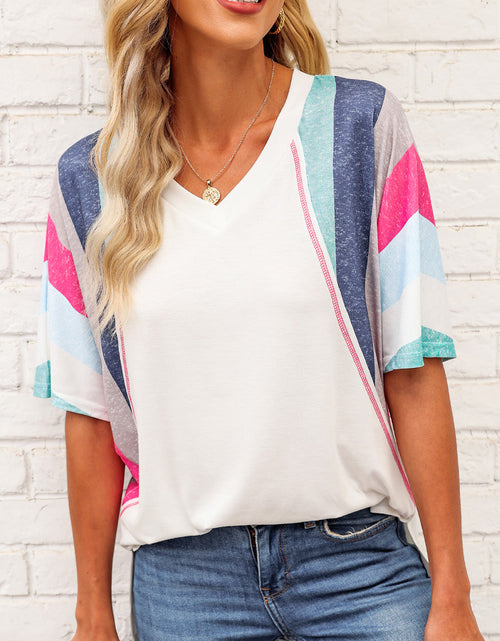 Load image into Gallery viewer, Rainbow Stripe Slit V-Neck Tee

