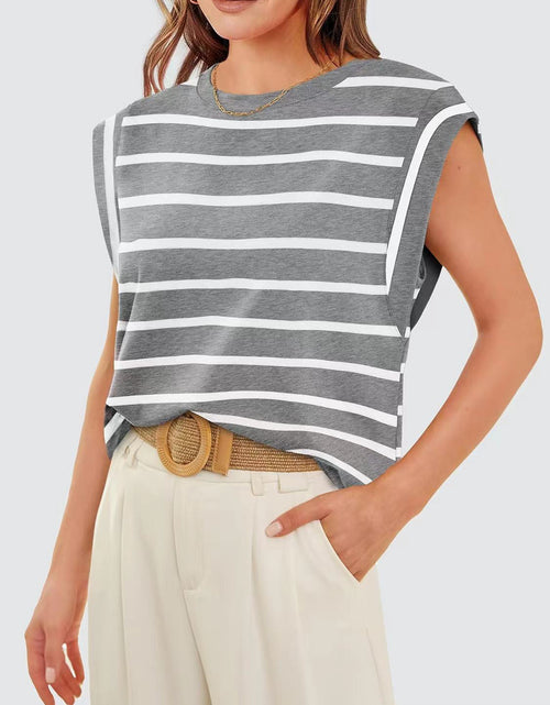Load image into Gallery viewer, Striped Round Neck Cap Sleeve T-Shirt
