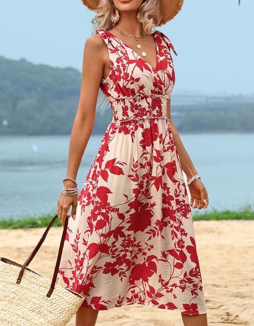 Load image into Gallery viewer, Perfee Smocked Printed Surplice Midi Dress
