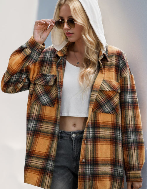 Load image into Gallery viewer, Double Take Drawstring Plaid Long Sleeve Hooded Shacket
