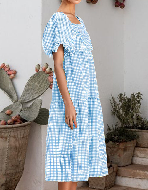 Load image into Gallery viewer, Plaid Square Neck Short Sleeve Dress
