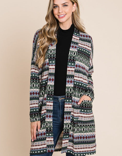 Load image into Gallery viewer, BOMBOM Geometric Open Front Long Sleeve Cardigan with Pockets
