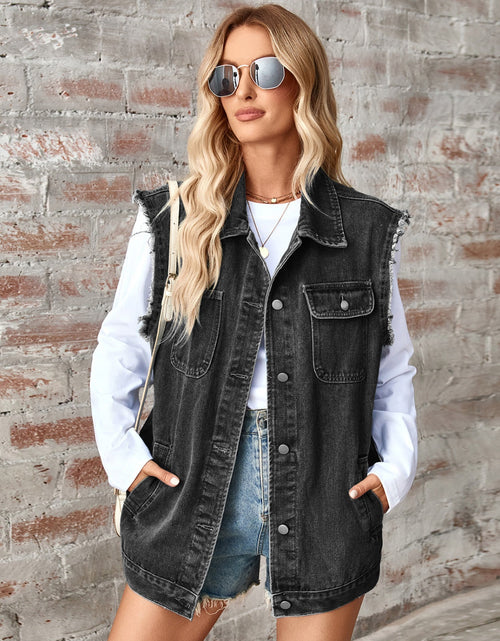 Load image into Gallery viewer, Raw Hem Sleeveless Button Up Denim Jacket
