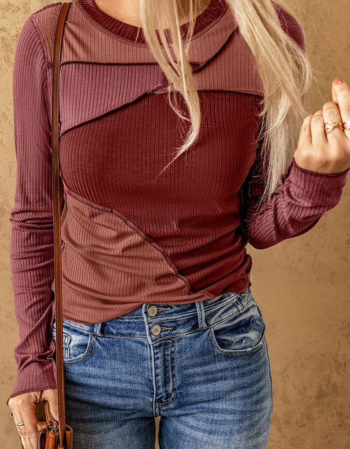 Load image into Gallery viewer, Exposed Seam Contrast Round Neck Long Sleeve T-Shirt

