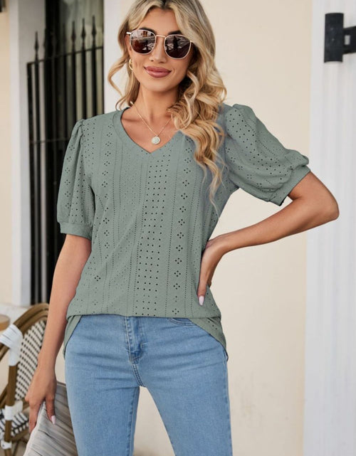 Load image into Gallery viewer, Eyelet Puff Sleeve V-Neck Top
