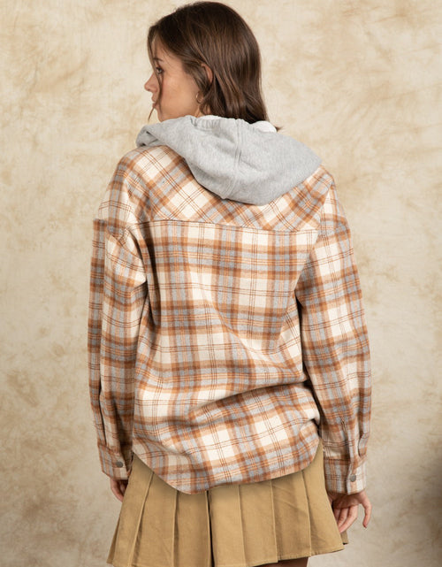 Load image into Gallery viewer, Drawstring Plaid Long Sleeve Hooded Jacket
