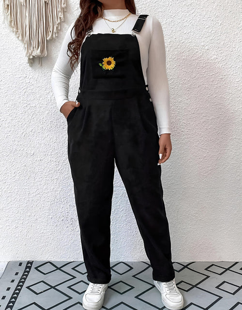 Load image into Gallery viewer, Embroidered Sunflower Wide Strap Overalls with Pockets
