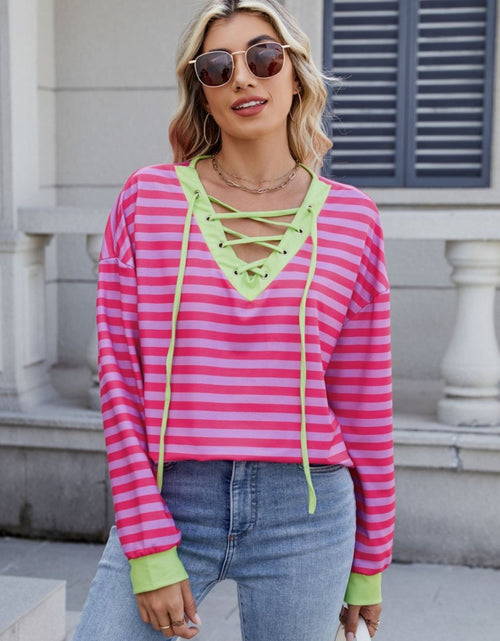 Load image into Gallery viewer, Lace-Up Striped Long Sleeve T-Shirt
