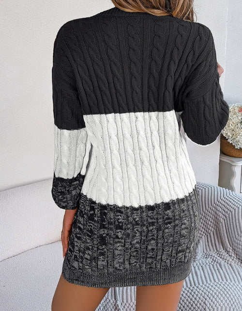 Load image into Gallery viewer, Cable-Knit Round Neck Color Block Sweater Dress
