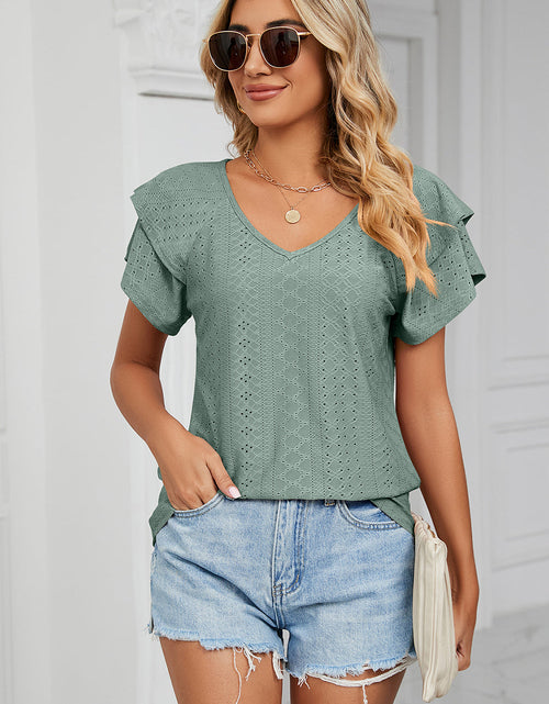 Load image into Gallery viewer, Eyelet V-Neck Short Sleeve T-Shirt
