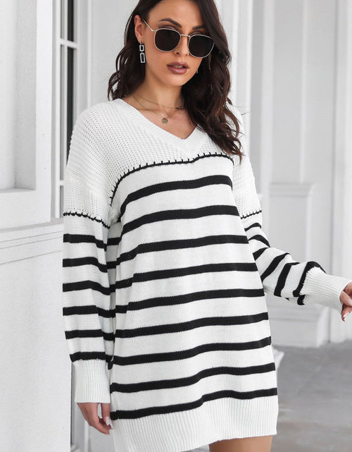 Load image into Gallery viewer, Striped V-Neck Drop Shulder Sweater Dress
