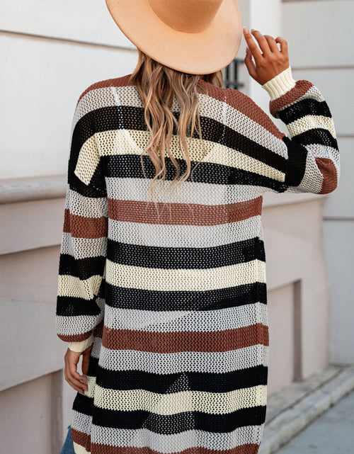 Load image into Gallery viewer, Full Size Striped Long Sleeve Openwork Cardigan

