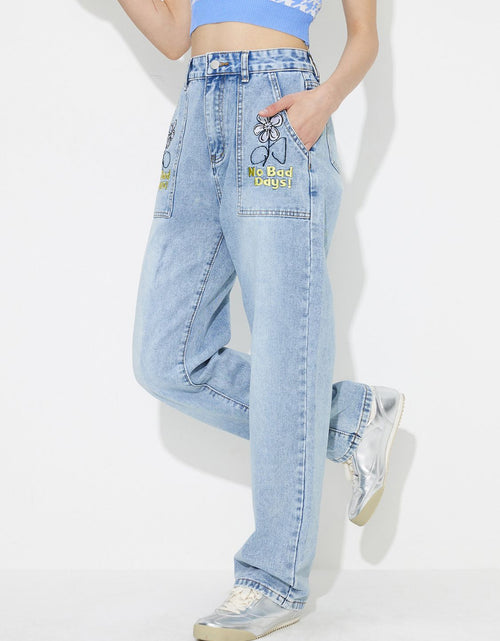 Load image into Gallery viewer, Flower High Rise Straight Leg Jeans with Pockets
