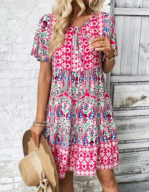 Load image into Gallery viewer, Printed Tie Neck Short Sleeve Dress
