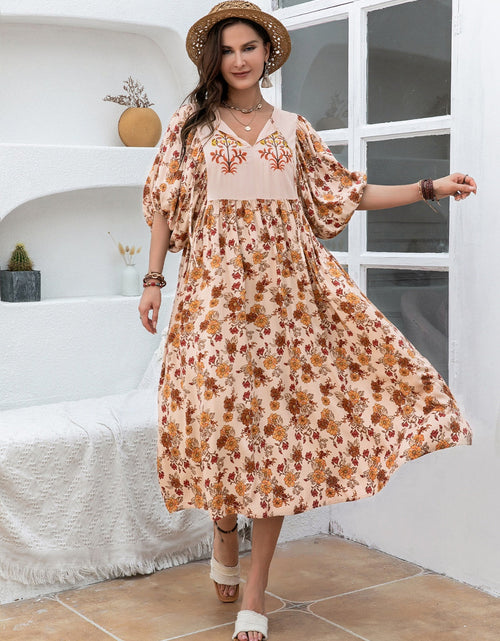 Load image into Gallery viewer, Plus Size Printed Tie Neck Half Sleeve Midi Dress
