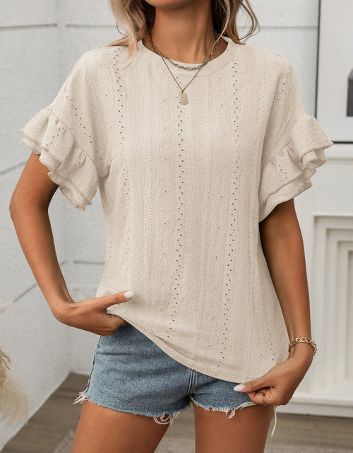 Load image into Gallery viewer, Eyelet Round Neck Flounce Sleeve Top
