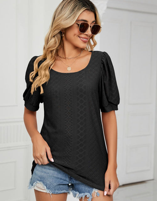 Load image into Gallery viewer, Eyelet Puff Sleeve Round Neck Top
