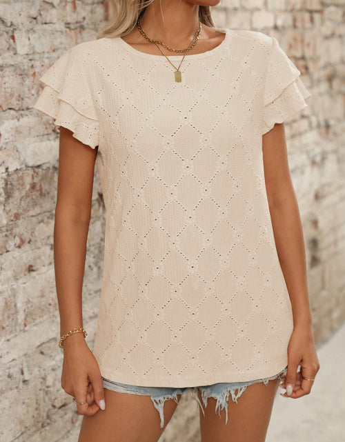 Load image into Gallery viewer, Eyelet Round Neck Double Layered Ruffled Short Sleeve Top
