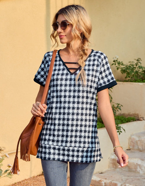 Load image into Gallery viewer, Houndstooth V-Neck Short Sleeve T-Shirt
