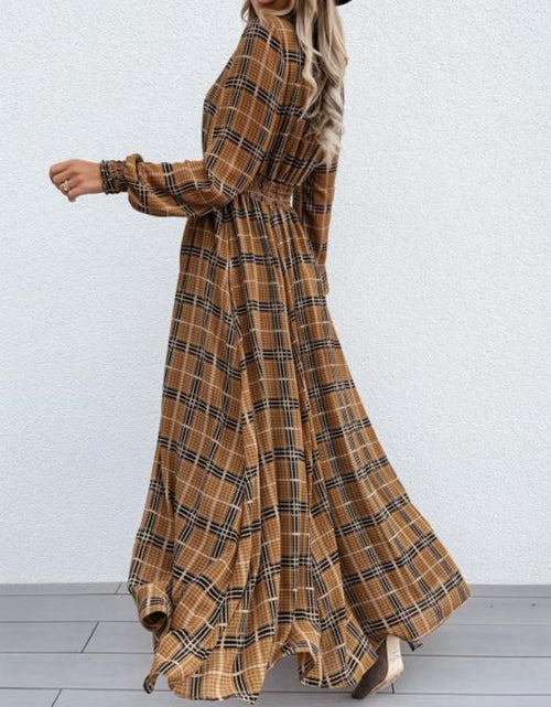 Load image into Gallery viewer, Slit Plaid Tie Neck Long Sleeve Maxi Dress
