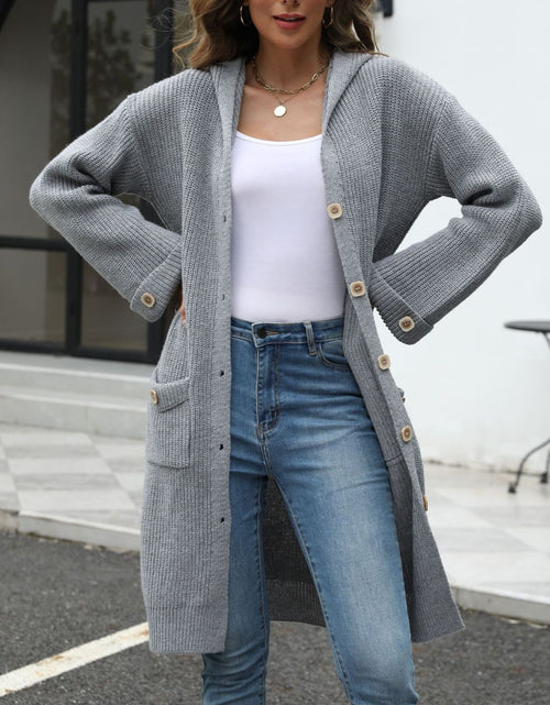 Load image into Gallery viewer, Pocketed Button Up Long Sleeve Hooded Cardigan
