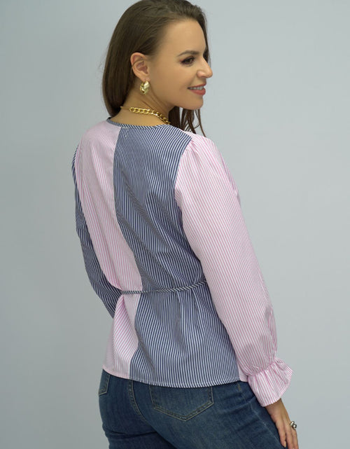 Load image into Gallery viewer, Shiny Surplice Neck Striped Long Sleeve Blouse
