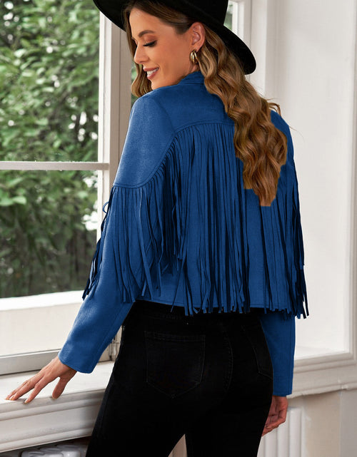 Load image into Gallery viewer, Fringe Trim Lapel Collar Cropped Blazer
