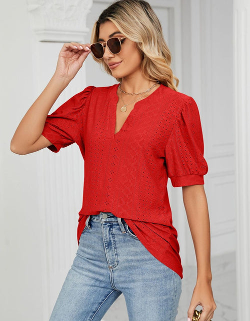 Load image into Gallery viewer, Florira Eyelet Notched Short Sleeve T-Shirt

