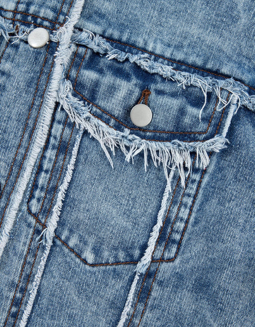 Load image into Gallery viewer, Raw Hem Drawstring Plaid Denim Jacket

