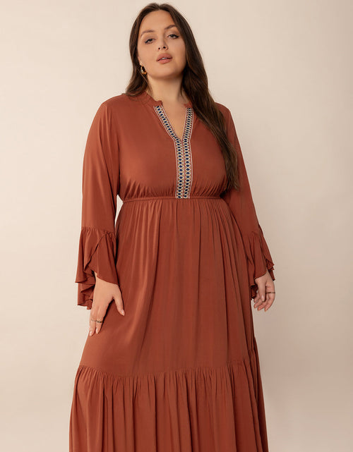 Load image into Gallery viewer, Plus Size Ruffled Notched Long Sleeve Midi Dress
