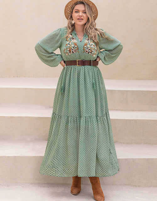 Load image into Gallery viewer, Plus Size Tassel Printed Tie Neck Long Sleeve Midi Dress
