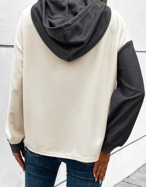 Load image into Gallery viewer, Drawstring Quarter Button Contrast Long Sleeve Hoodie
