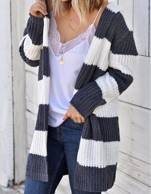 Load image into Gallery viewer, Striped Open Front Hooded Cardigan
