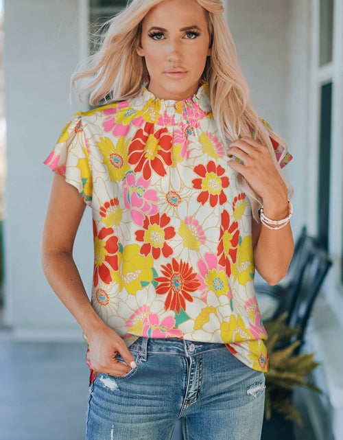 Load image into Gallery viewer, Floral Frill Neck Smocked Flutter Sleeve Blouse
