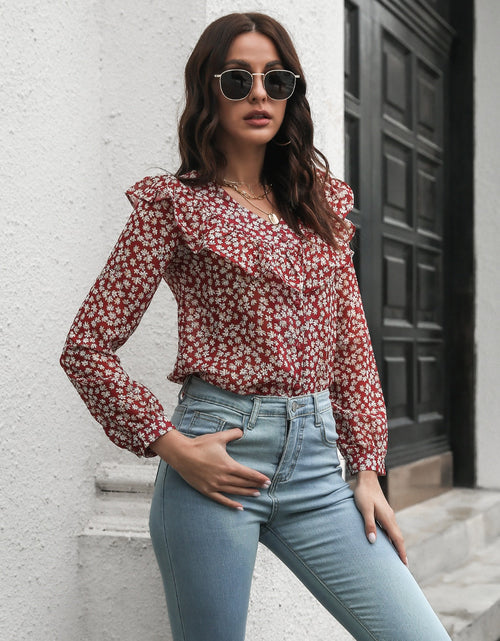 Load image into Gallery viewer, Printed Statement Collar Long Sleeve Blouse

