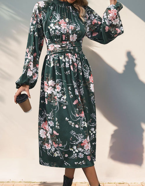 Load image into Gallery viewer, Perfee Ruched Printed Mock Neck Long Sleeve Midi Dress
