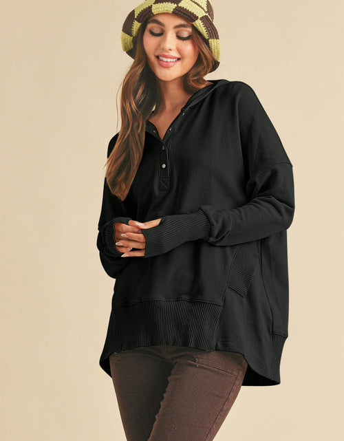 Load image into Gallery viewer, Aemi + Co Half Snap Dropped Shoulder Hoodie
